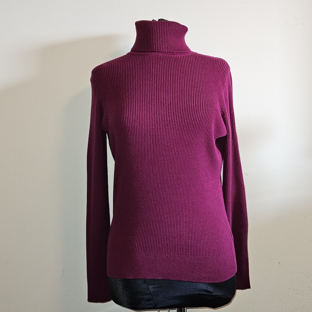 Talbots Ribbed Turtleneck Sweater Large Mulberry Wine Color Long Sleeves